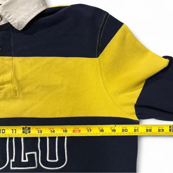 Y2K Men’s Polo Ralph Lauren Striped Yellow/Navy Rugby Polo Shirt Size Medium - Picture 5 of 6